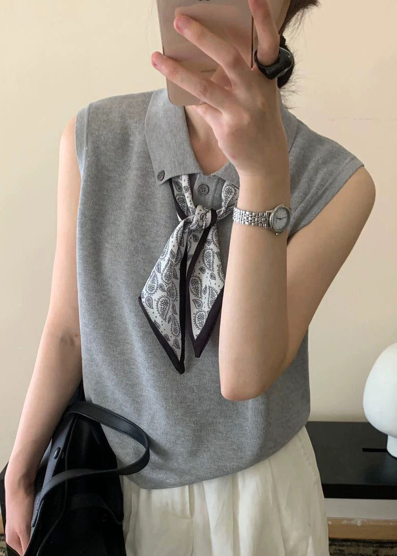 Collar Peter Knit Grey Shirt Scarves Pan Casual Top Sleeveless