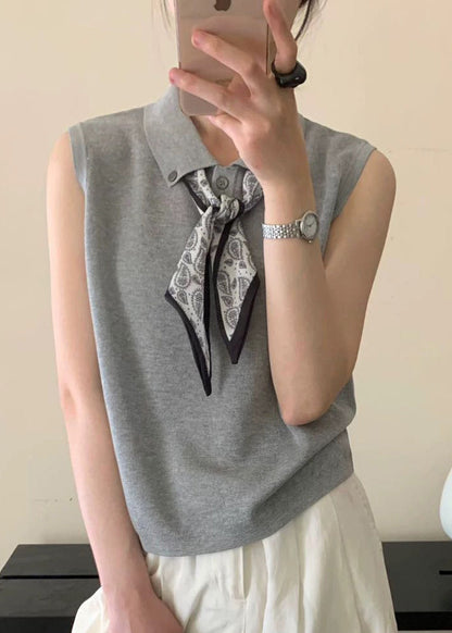 Collar Peter Knit Grey Shirt Scarves Pan Casual Top Sleeveless