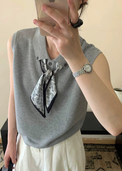 Collar Peter Knit Grey Shirt Scarves Pan Casual Top Sleeveless