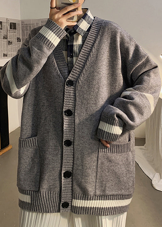 Cardigans Mens Spring Casual Pockets Knit Grey Striped