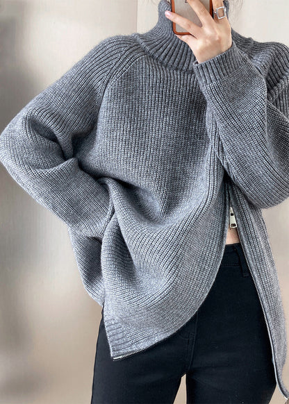 Casual Grey Turtleneck Thick Cotton Knit Sweaters Fall QE073