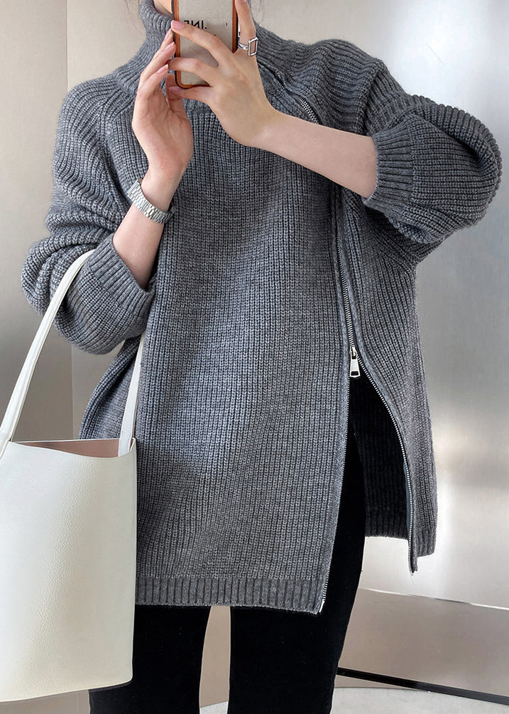 Casual Grey Turtleneck Thick Cotton Knit Sweaters Fall QE073