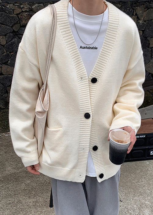 Neck V Spring Knit Cardigans Casual Button Grey Mens