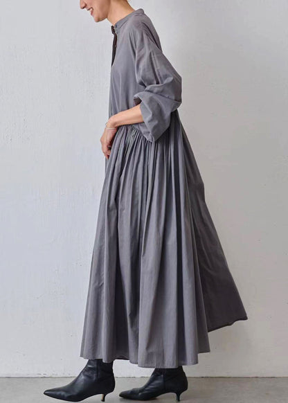 Casual Grey Wrinkled Patchwork Cotton Dresses Lantern Sleeve TL029