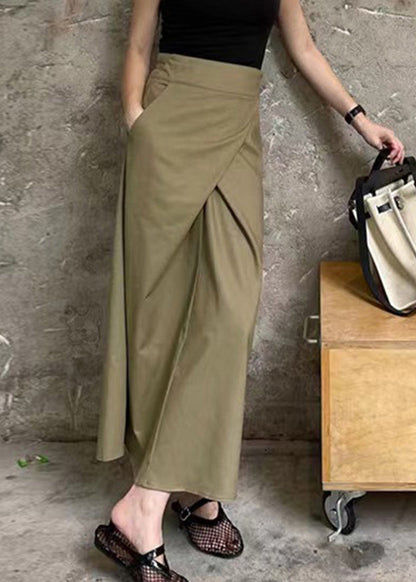 High Khaki Pockets Waist Casual Maxi Asymmetrical Patchwork Skirt