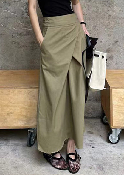 High Khaki Pockets Waist Casual Maxi Asymmetrical Patchwork Skirt