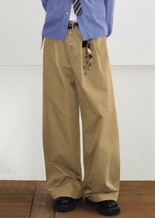 Casual Spring Waist High Pants Button Mens Cotton Pockets Khaki