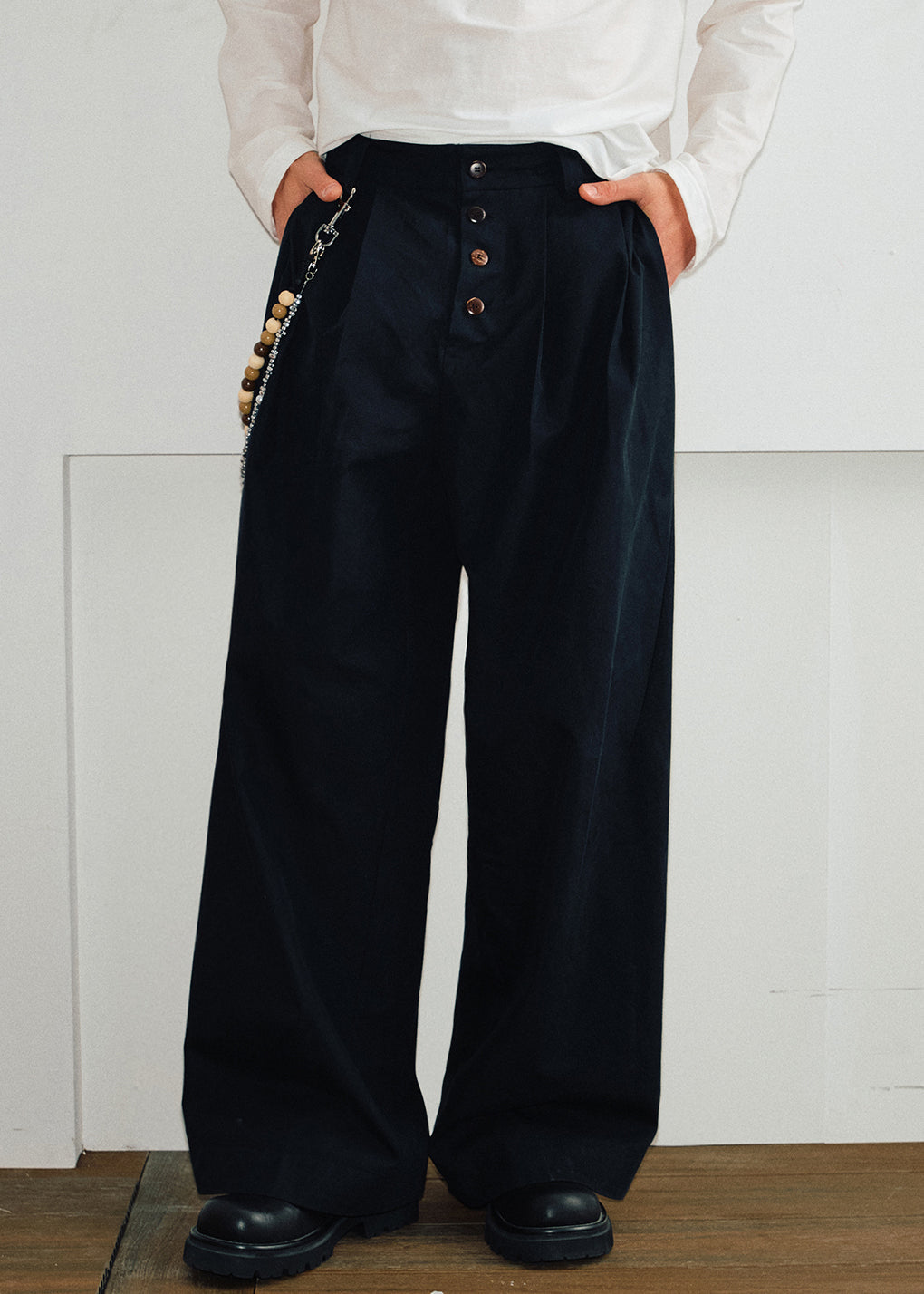 Casual Spring Waist High Pants Button Mens Cotton Pockets Khaki