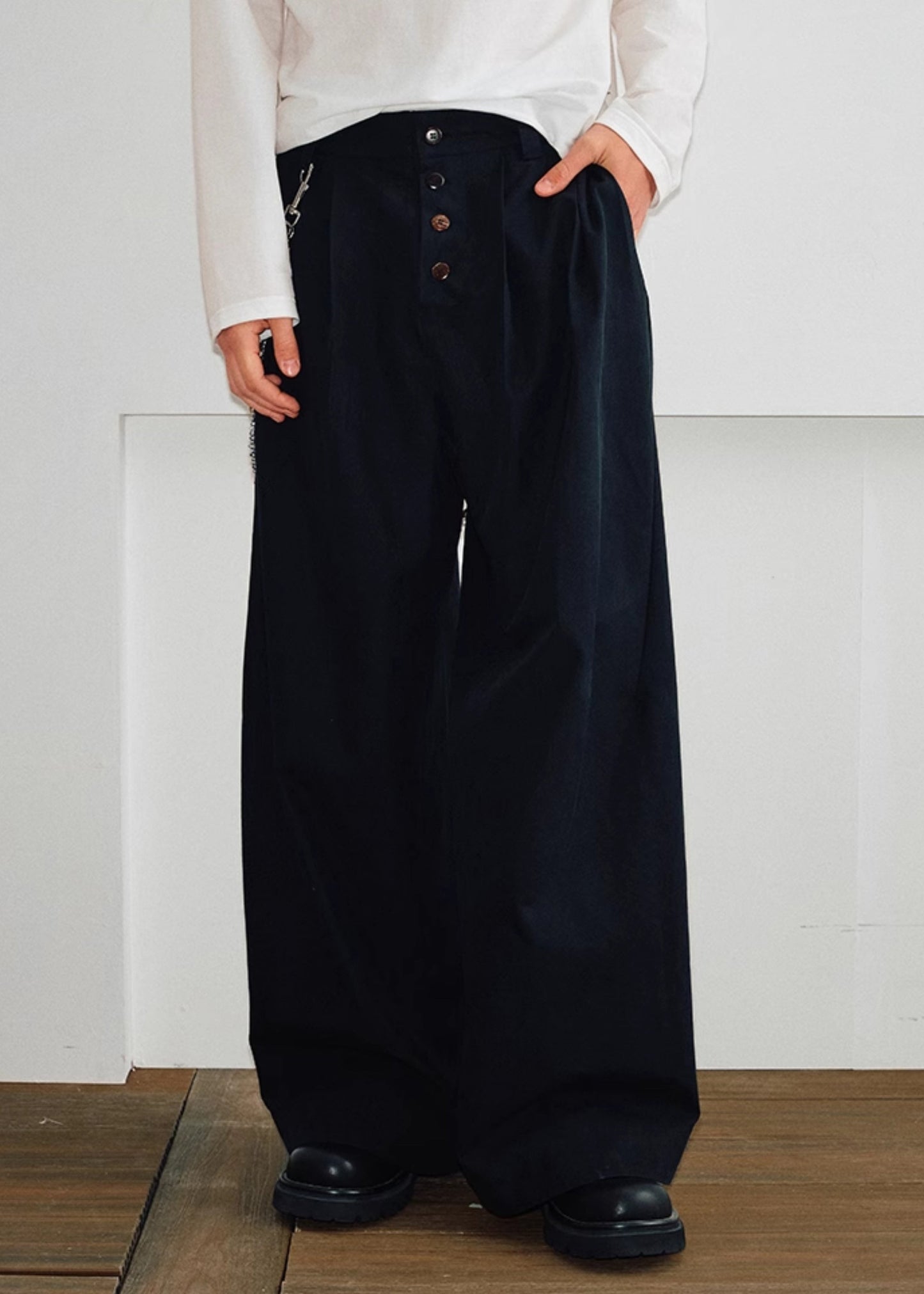 Casual Spring Waist High Pants Button Mens Cotton Pockets Khaki