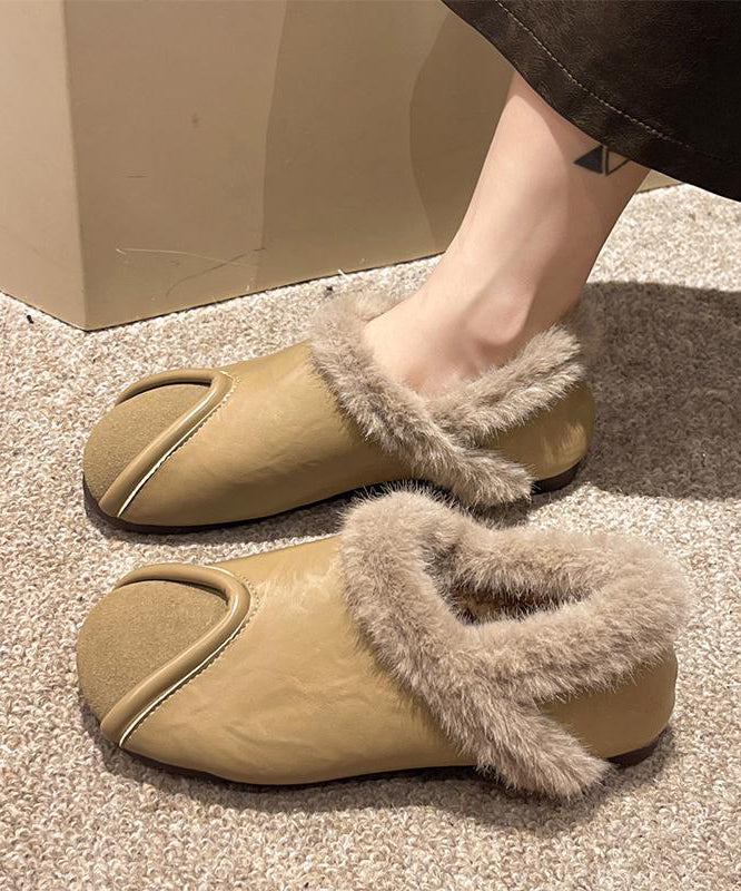 Casual Khaki Comfy Splicing Flat Feet Shoes Fuzzy Wool Lined TE021