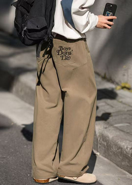 Men Wide Cotton Embroideried Khaki Leg Pants Pockets Casual
