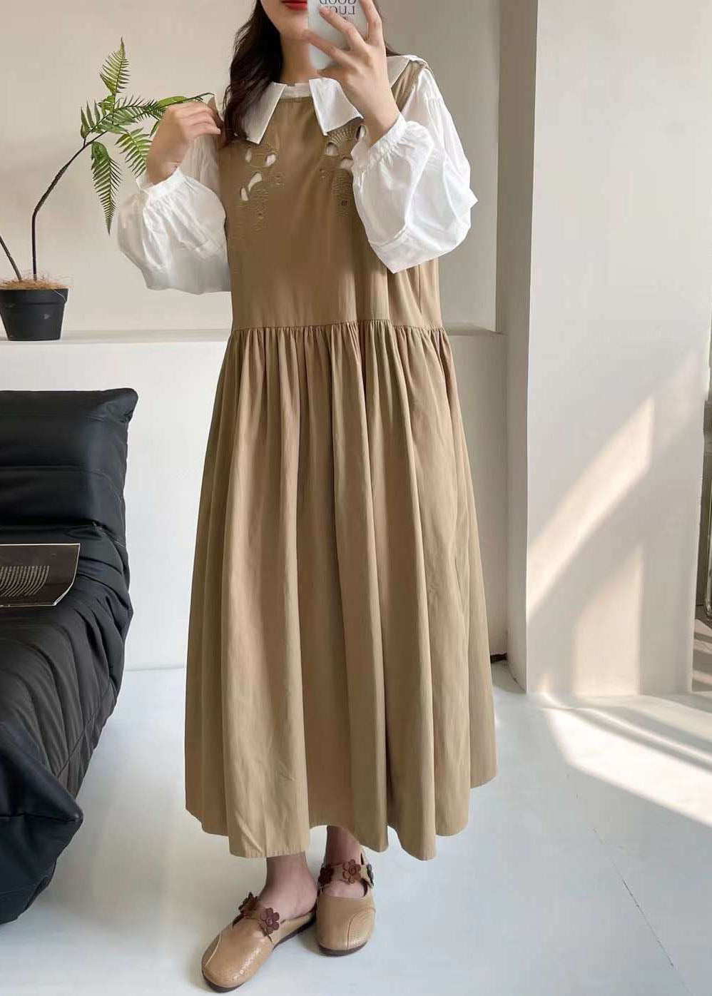 Casual Khaki Hollow Out Long Dress Sleeveless BV037