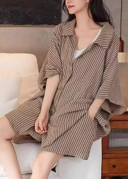 Casual Khaki Peter Pan Collar Striped Shirt And Shorts Two Piece Set Summer QB029