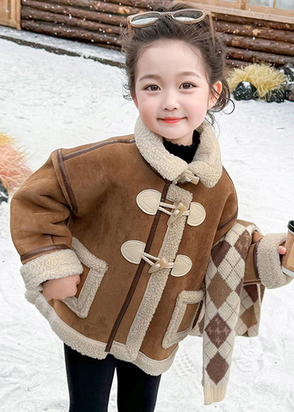 Casual Khaki Pockets Patchwork Thick Warm Fuzzy Wool Lined Girls Coats WinterTG027