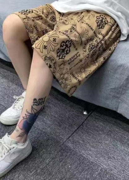 Summer Print Casual Mens Shorts Khaki Cotton Waist Elastic