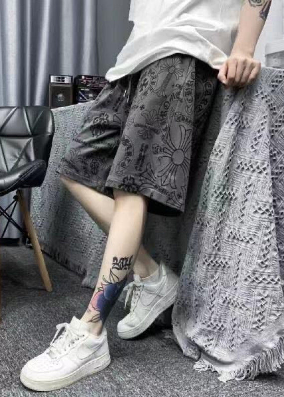 Summer Print Casual Mens Shorts Khaki Cotton Waist Elastic