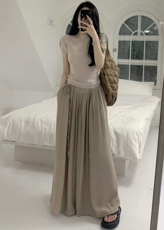 Casual Khaki Silm Fit Tops And Wide Leg Pants Two Pieces Set Summer TZ010