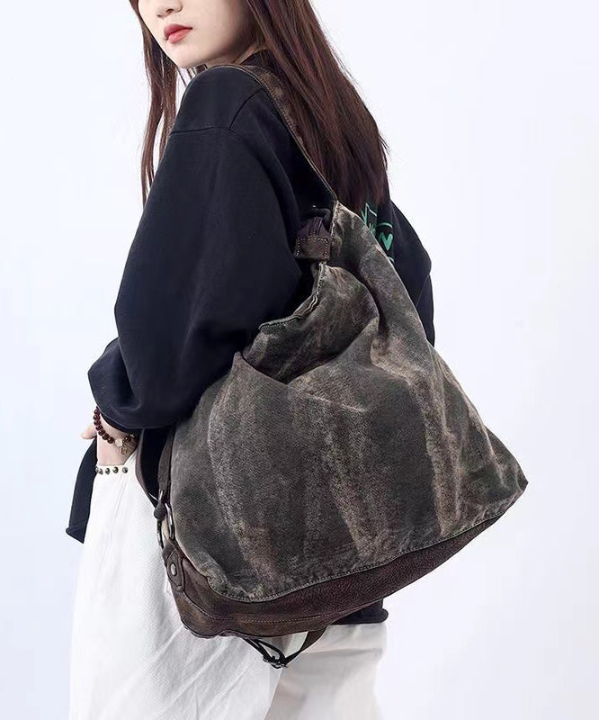 Casual Large Capacity Coffee Calf Leather Patchwork Canvas Satchel Bag Handbag MM048