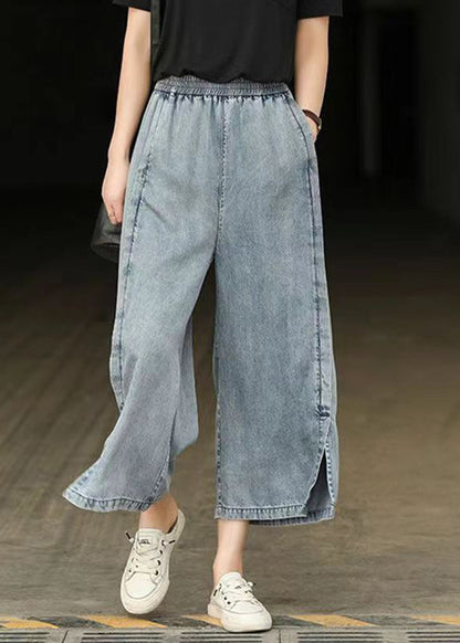 Pantalon court en denim bleu clair décontracté à taille élastique et ouverture latérale pour l'été BV087