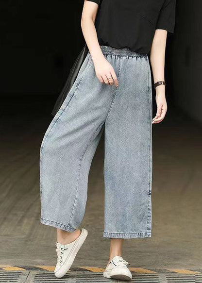 Pantalon court en denim bleu clair décontracté à taille élastique et ouverture latérale pour l'été BV087