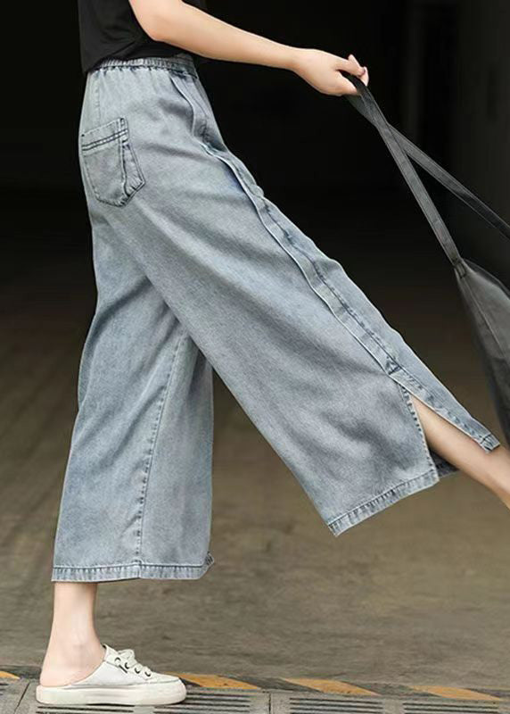 Pantalon court en denim bleu clair décontracté à taille élastique et ouverture latérale pour l'été BV087