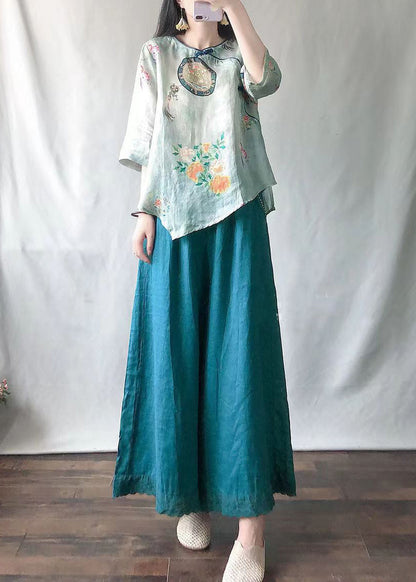 Casual Light Green O-Neck Print Shirts And Maxi Skirts Two Pieces Set Summer VV041