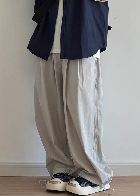 Grey Men Cotton Pants Drawstring Casual Wide Leg Pockets Light