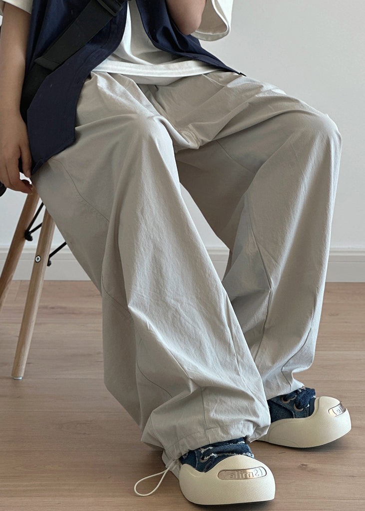 Grey Men Cotton Pants Drawstring Casual Wide Leg Pockets Light