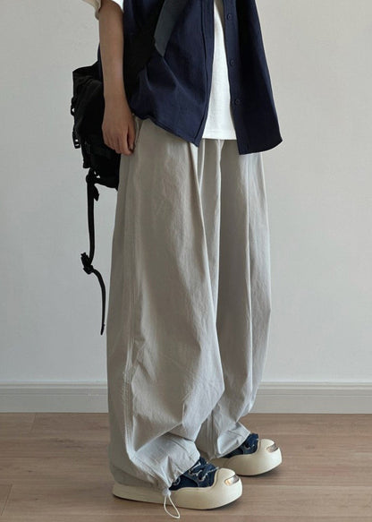 Grey Men Cotton Pants Drawstring Casual Wide Leg Pockets Light