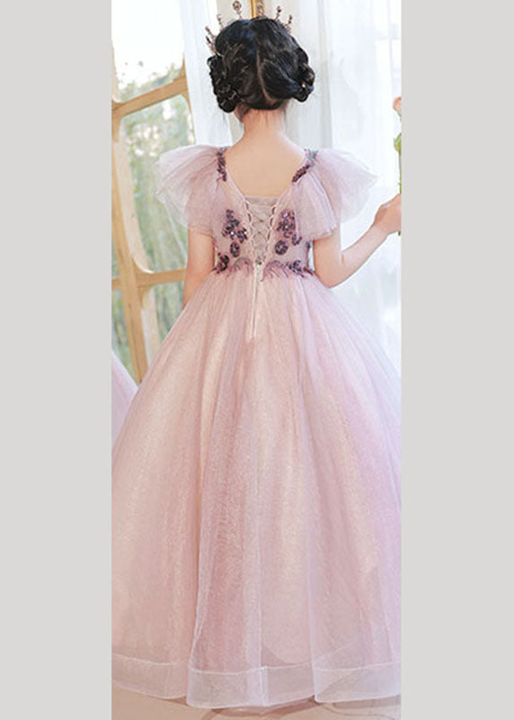 Robe longue décontractée en tulle à paillettes et col en V violet clair pour filles, été QV017