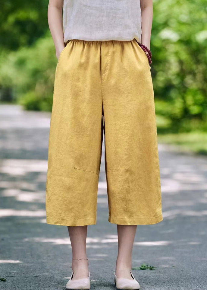 Elastic Waist Linen Pockets Summer Casual Pants Crop