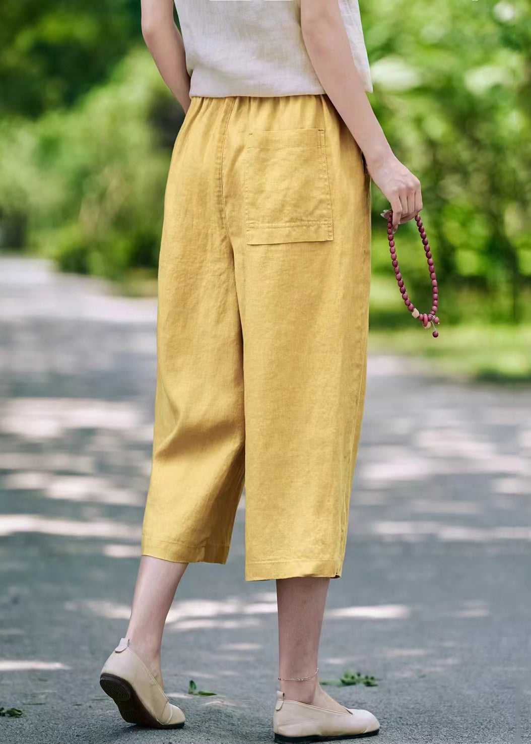 Elastic Waist Linen Pockets Summer Casual Pants Crop