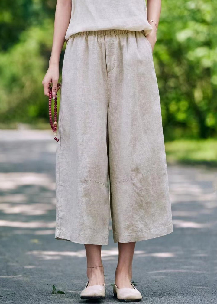 Crop Elastic Mulberry Summer Waist Pants Casual Linen Pockets