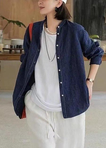 Fall Navy Linen Oversized Top Shirt Casual