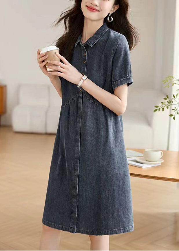 Summer Collar Pan Peter Casual Work Denim Navy Dress