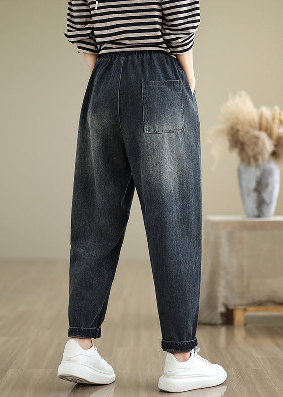 Casual Navy Pockets Applique Elastic Waist Denim Pants Fall QO079