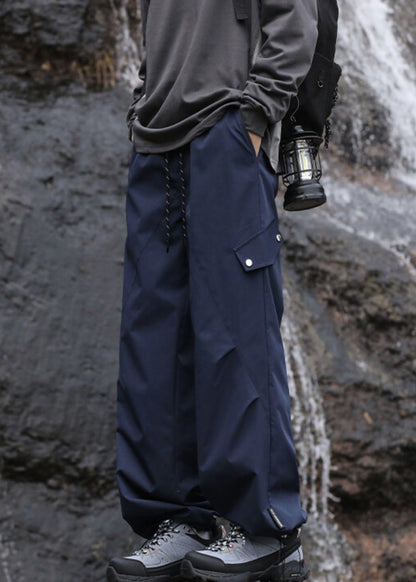 Navy Cotton Men Pockets Casual Fall Pantsl Drawstring