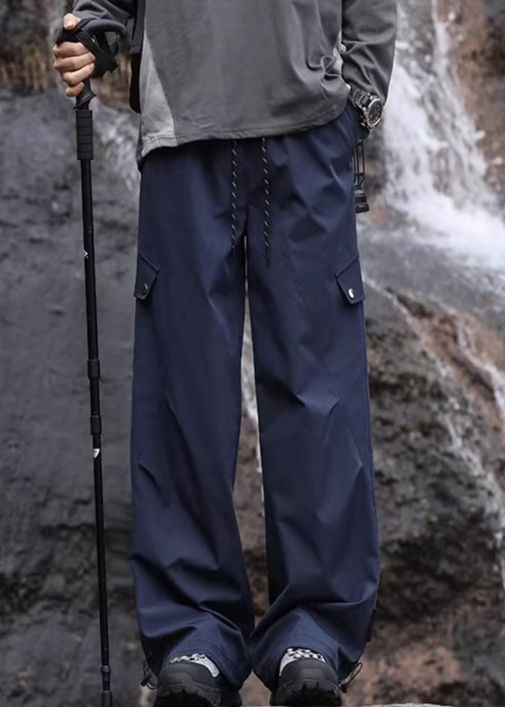 Pockets Navy Casual Lace Waist Elastic Pants Mens Up Cotton