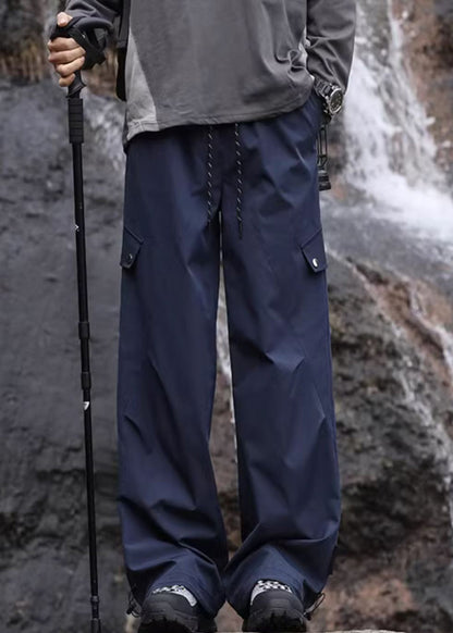 Pockets Navy Casual Lace Waist Elastic Pants Mens Up Cotton