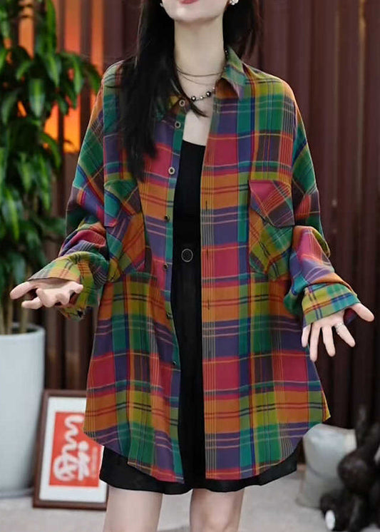 Casual Peter Pan Collar Pockets Plaid Cotton Shirts Coats Fall QL056