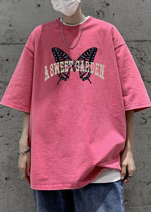 Half T Butterfly Casual Men Cotton Print Shirt Pink Oversized