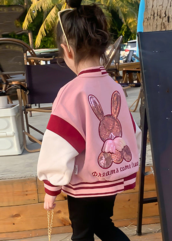 Manteau décontracté rose à col rond pour enfants en patchwork automne QV033