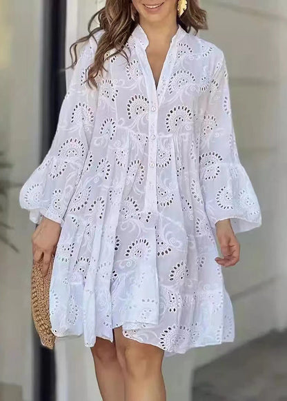 Cotton Dress Summer Oversized Sun Pink Hollow Out Casual