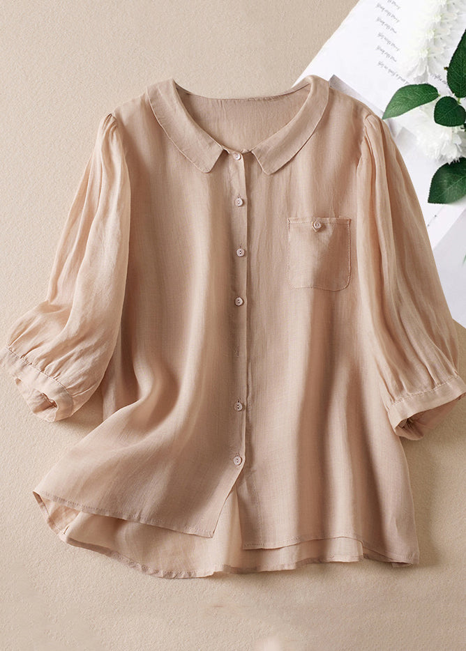 Casual Pink Peter Pan Collar Button Linen Shirt Bracelet Sleeve AM1069