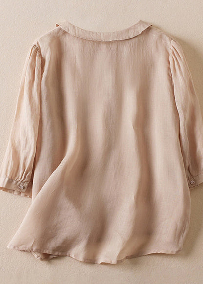 Casual Pink Peter Pan Collar Button Linen Shirt Bracelet Sleeve AM1069