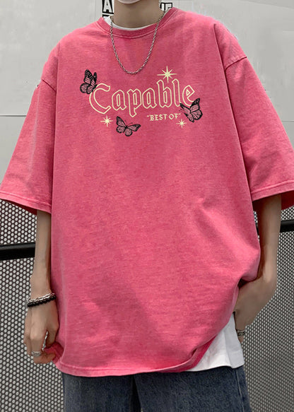 Casual Pink Print Loose Cotton Mens T Shirts Half Sleeve LK069