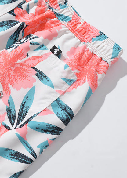 Waist Elastic Print Casual Summer Pockets Cotton Shorts Mens Pink