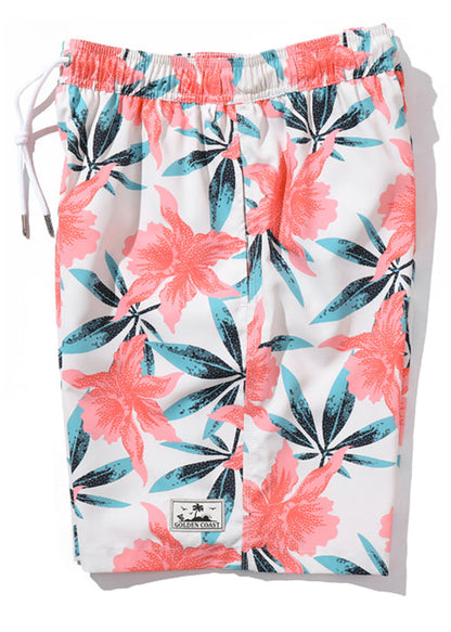 Waist Elastic Print Casual Summer Pockets Cotton Shorts Mens Pink