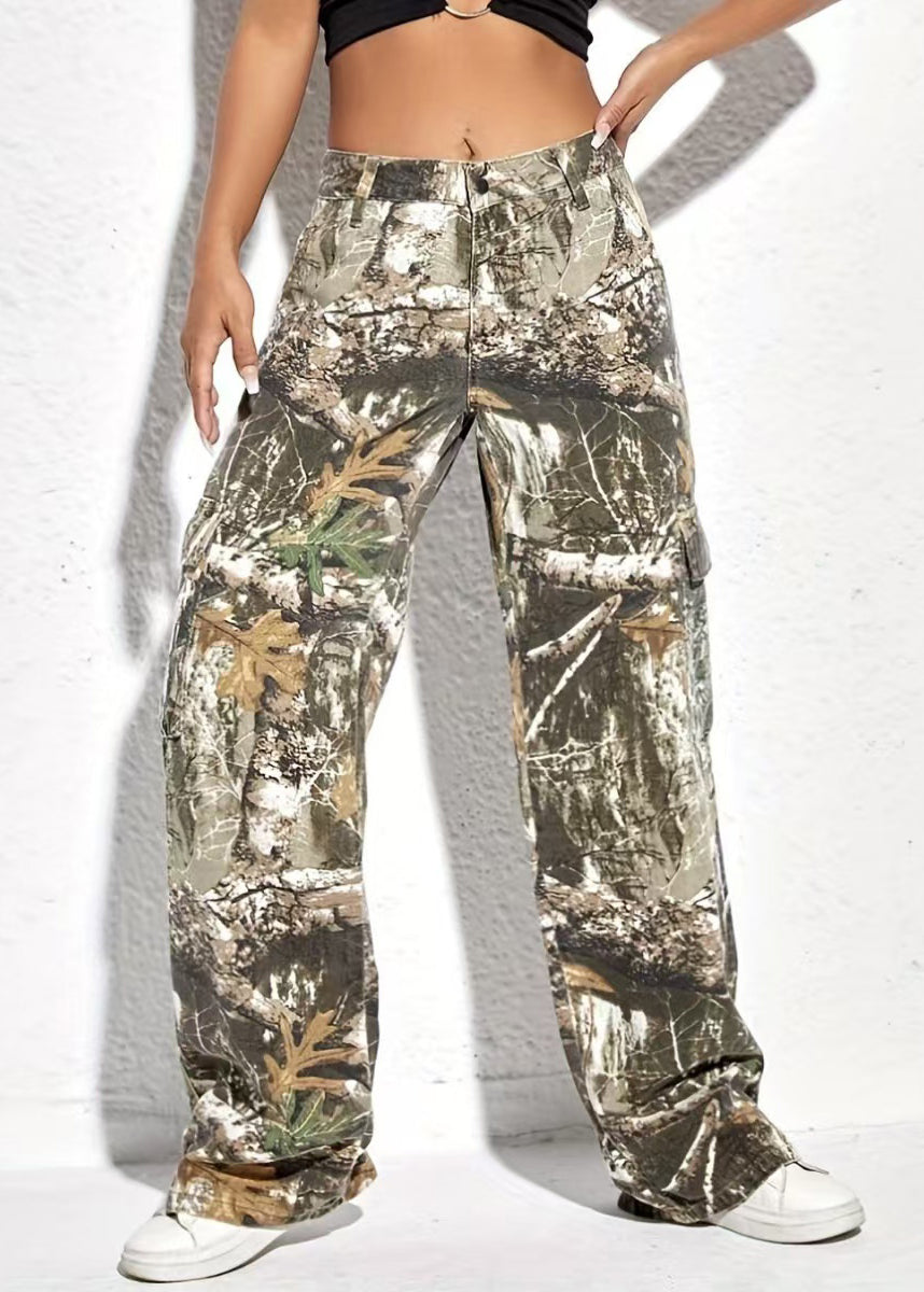 Pockets Casual Print Spring Pants Waist High Cotton