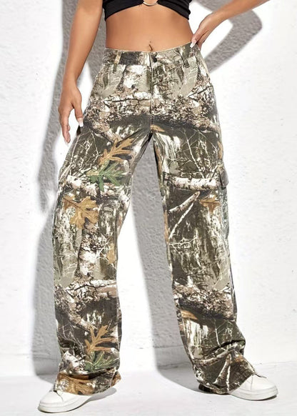 Pockets Casual Print Spring Pants Waist High Cotton